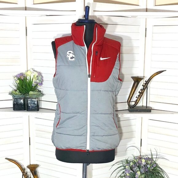 Nike SC Logo Puffer Vest Gray Red Turtleneck Size Small - Picture 1 of 11